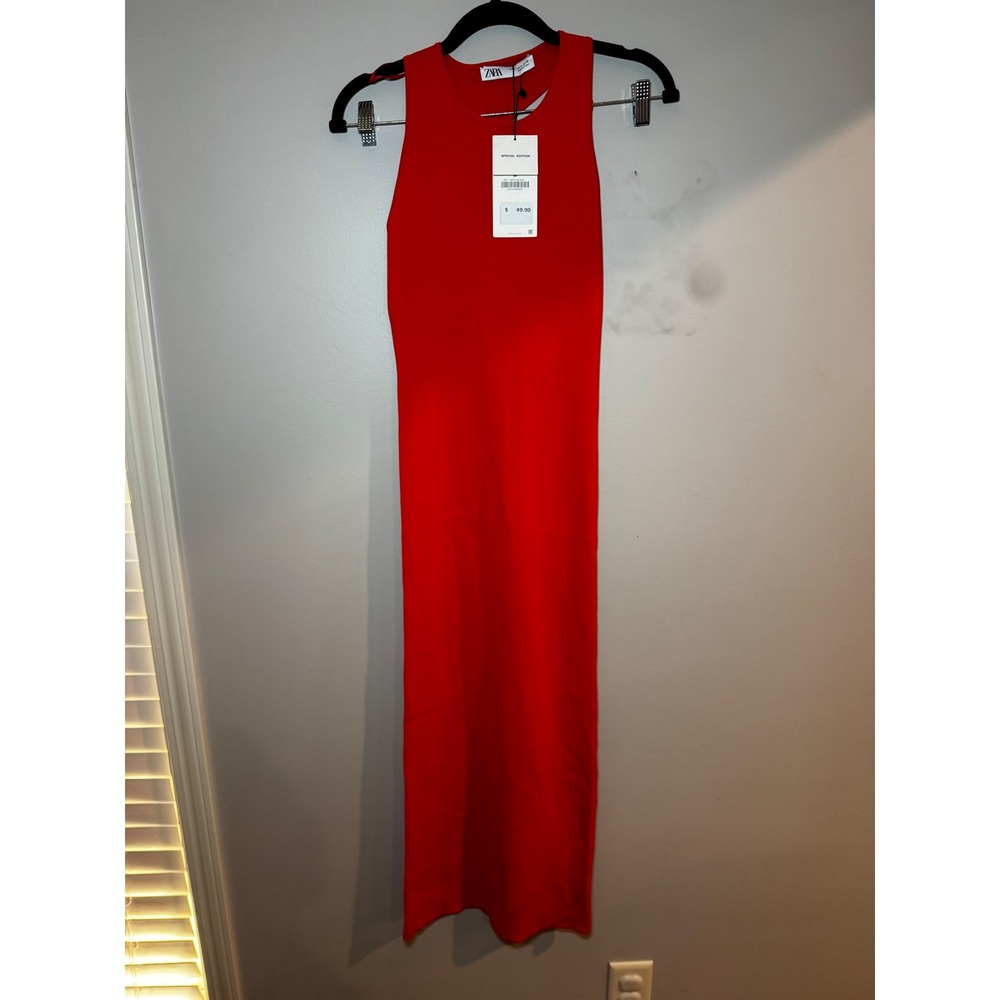 Zara Special Edition Red Ribbed Knit Racerback Maxi Dress 6873/100/649 Medium